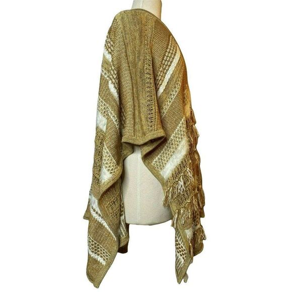 Chico's Mya Ruana One Size Fringed Multi Pattern Textured Neutral Combo NEW - Picture 5 of 8